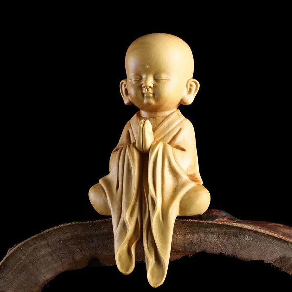 Cypress Wood Carved Zen Meditating Little Monk Figurine Floating Craft Home Office Desktop Peaceful Decor Collectible Ornament
