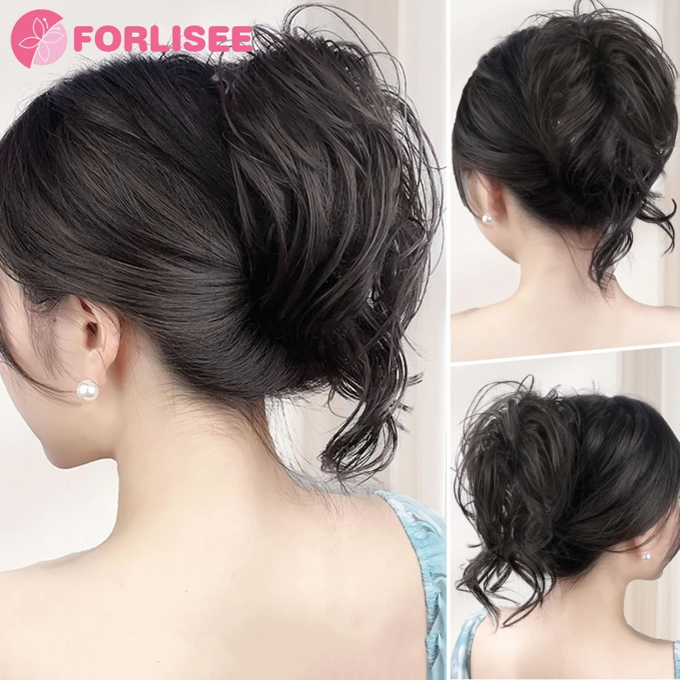 หางม้าสังเคราะห์แบบสั้นเป็นลอน พร้อมริบบิ้นผูกแบบดึง  ต่อผมปลอมแบบธรรมชาติสำหรับผู้หญิง