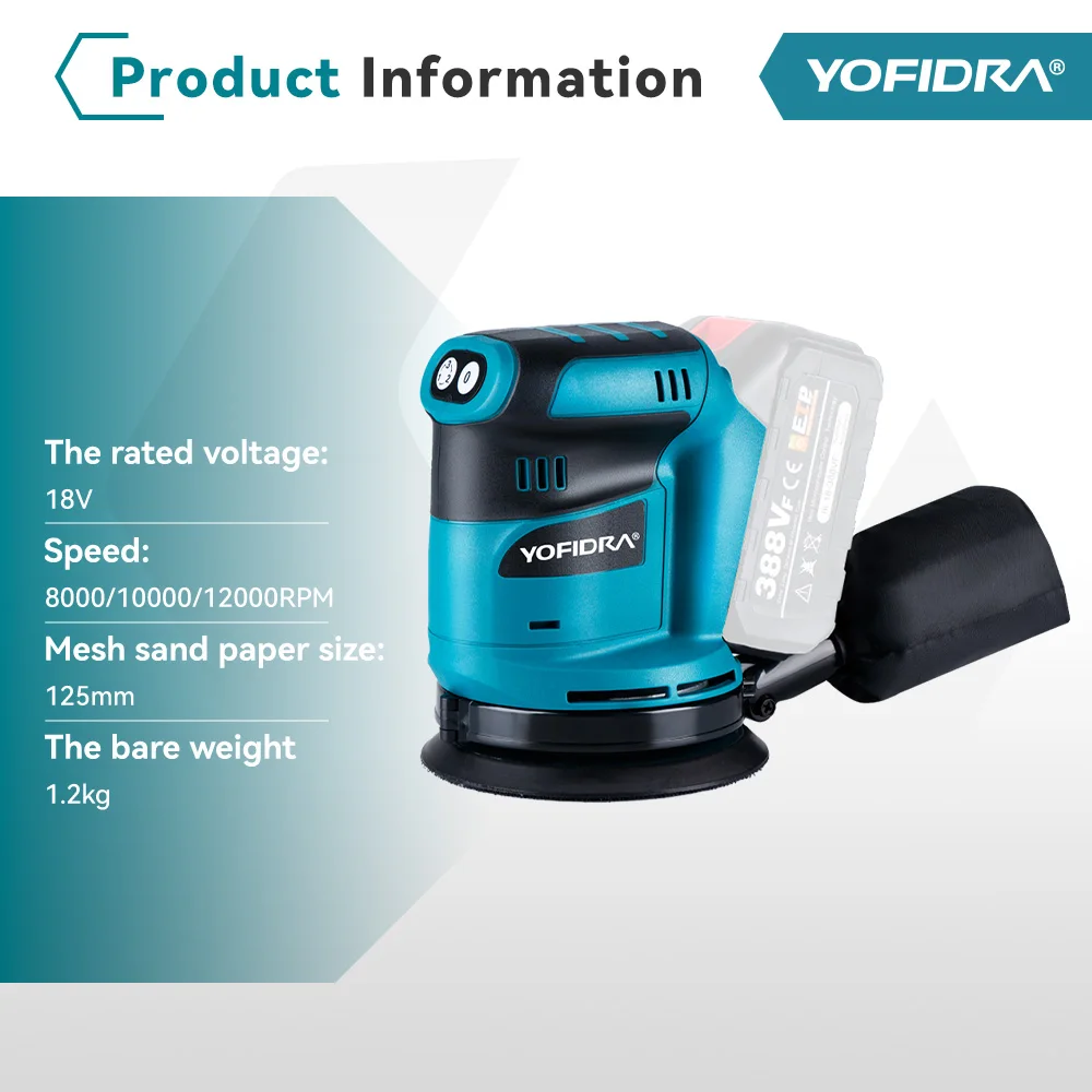 Yofidra 125mm Electric Orbital Sander 3 Speed Adjustable Cordless Efficient Polishing Grinder Machine for Makita 18V-21V Battery