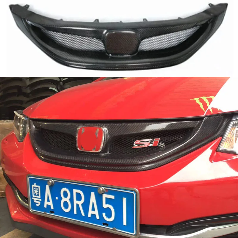 For 2014-2015 Honda Ninth Generation Civic Real Carbon Fiber Front Bumper Mesh Cover Front Grill Grille For Trims Without Emblem