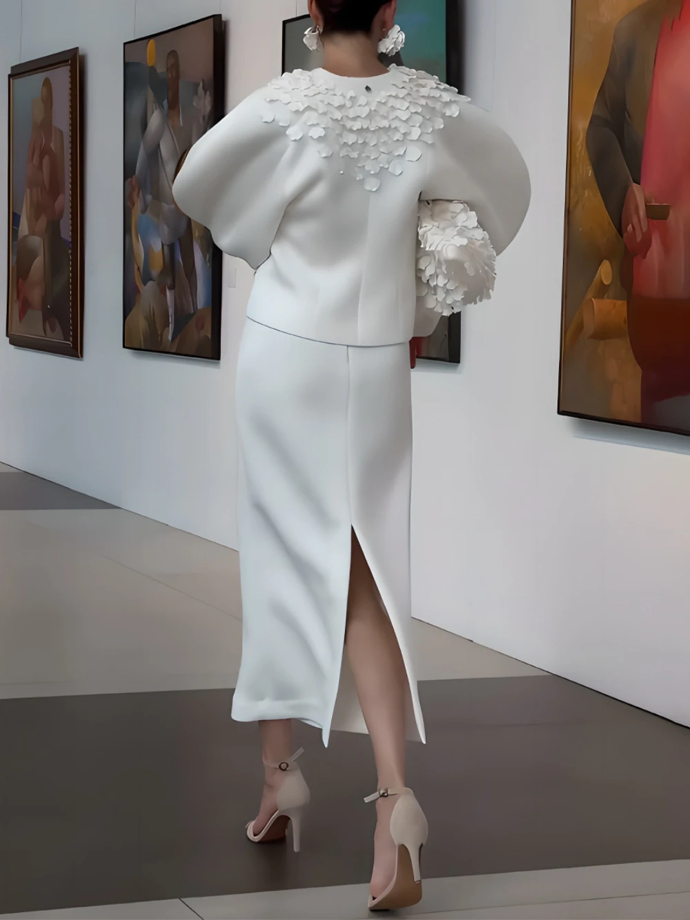 White Two Piece Set Women 3D Floral Applique Puff Sleeve Blouse and Midi Skirt With Back Slit Wedding Guest Evening Party Dress