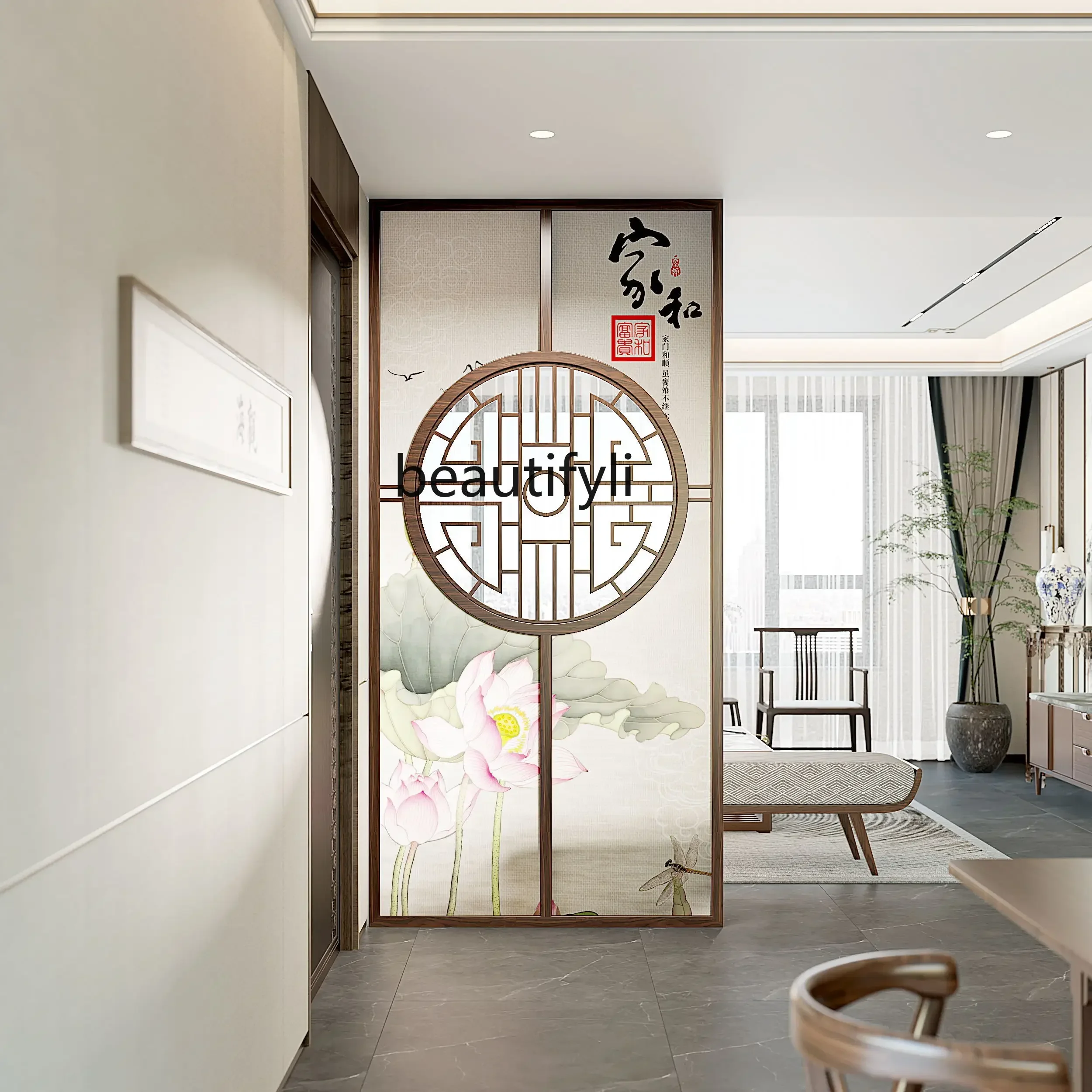 

V Log living room new Chinese solid wood glass screen partition porch top and bottom baffle