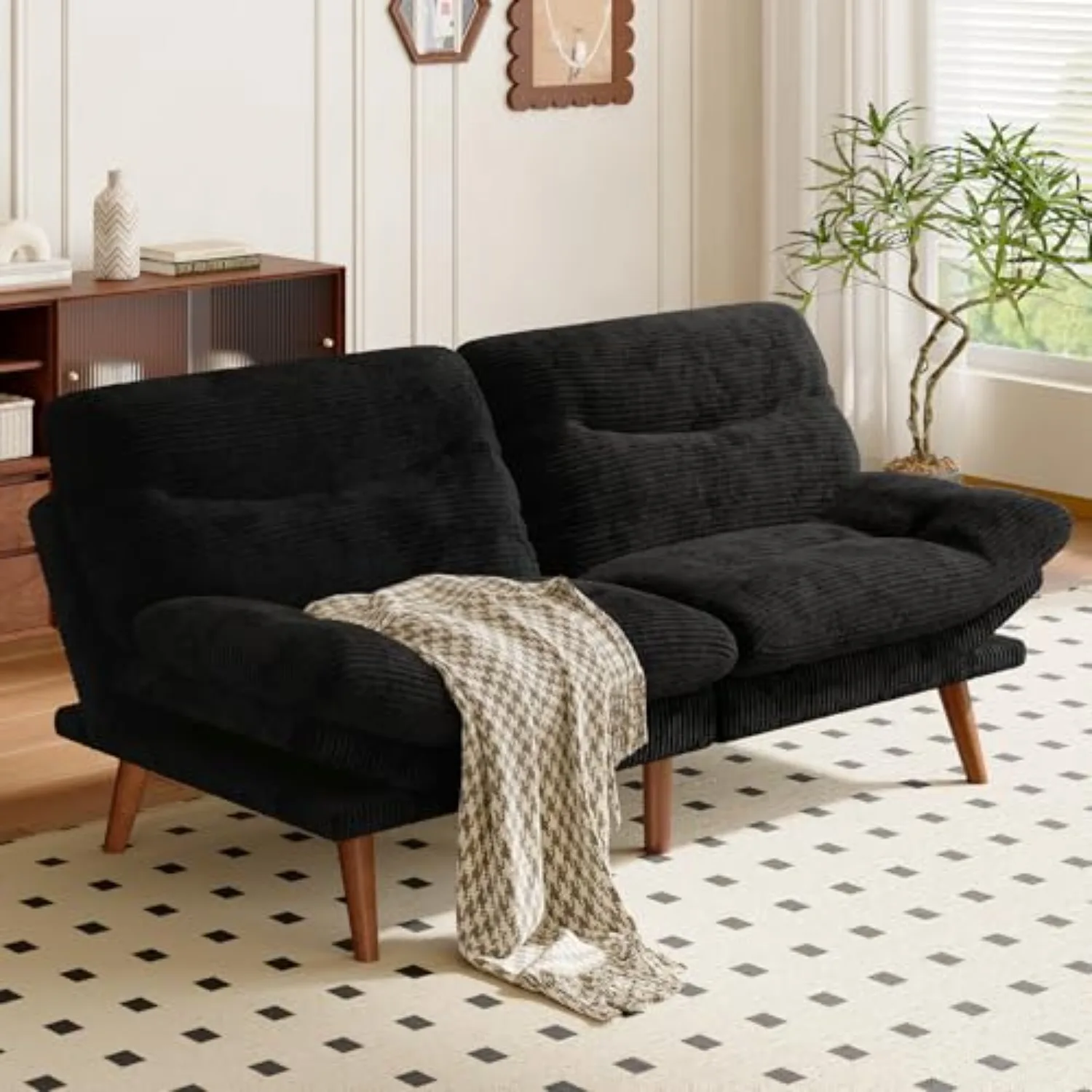 Amada 66" Convertible Futon Sofa Bed, Corduroy Folding Futon Set with Adjustable Backrest &Armrests, Recliner Lounge - view 2