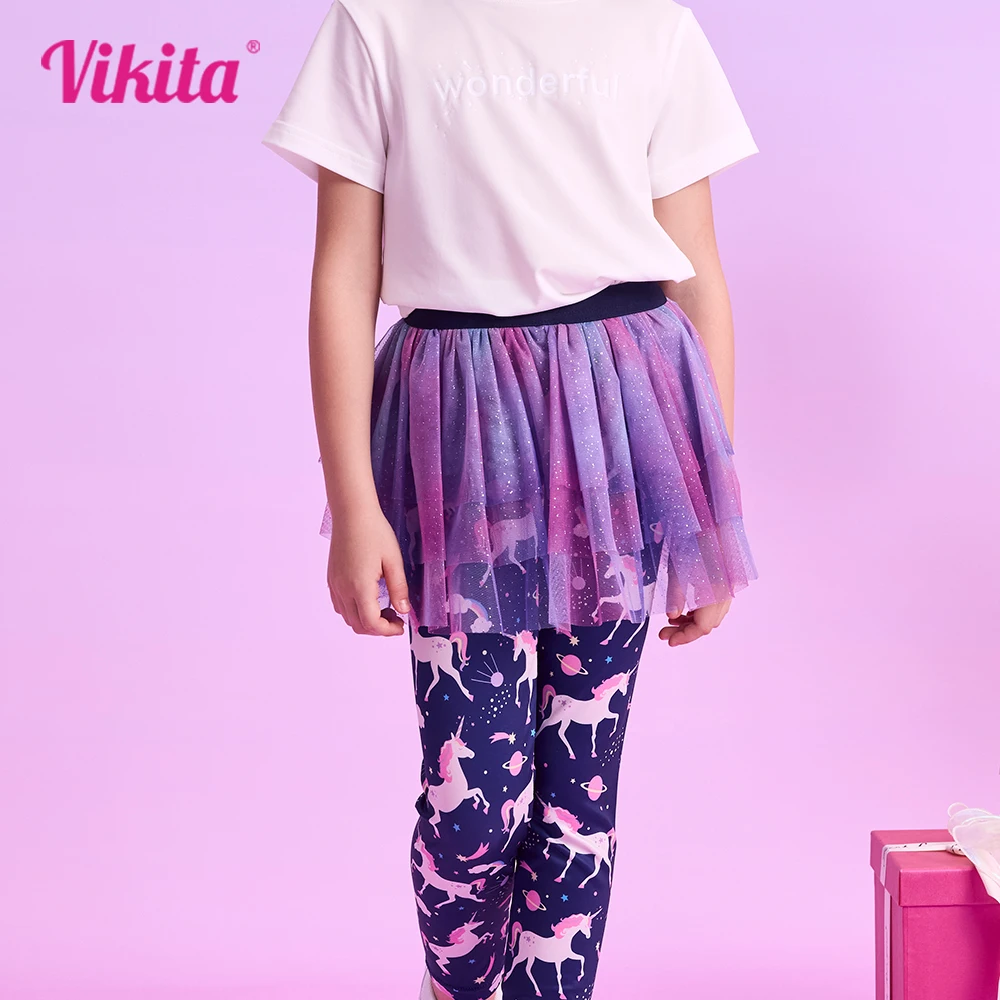 

VIKITA Kids Girls Unicorn Print Pants Girls Mesh Skirts with Leggings Children Fake 2pcs Trousers Toddlers Pantskirt Pants Wear