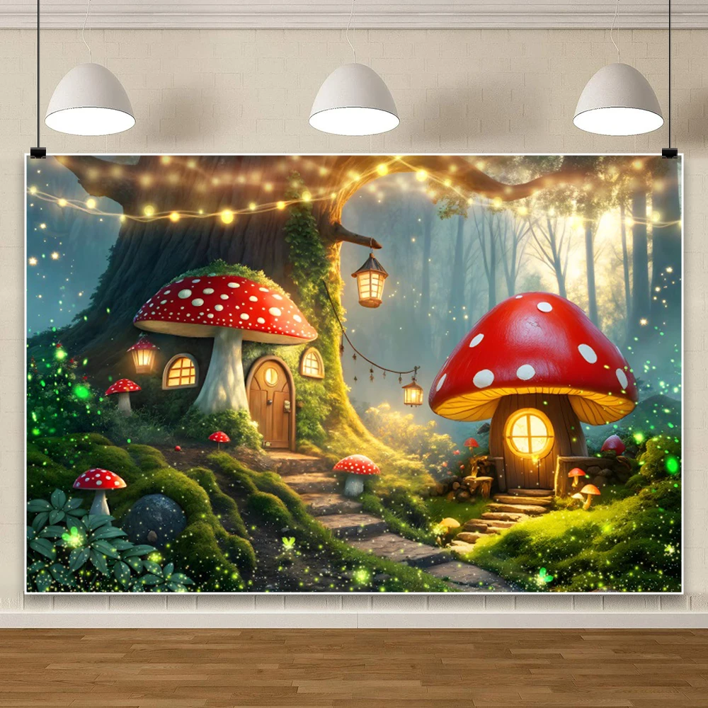 Fairy Tale Mushroom Forest Photography Backdrop Spring Magic Forest Book Cabin Baby Birthday Portrait Background Photo Studio