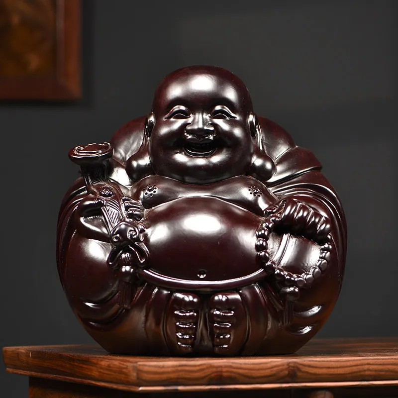 

Cz ebony wood carved maitreya buddha figurine - auspicious laughing buddha ornament for home living room decoration