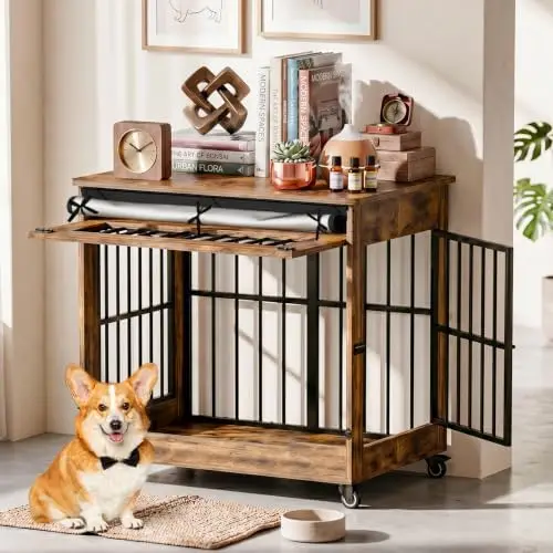 Wooden Dog Crate Furniture, Indoor Dog Kennel Rustic Brown M | Lift-Up Front Door & Side Hinged Door, Space-Saving