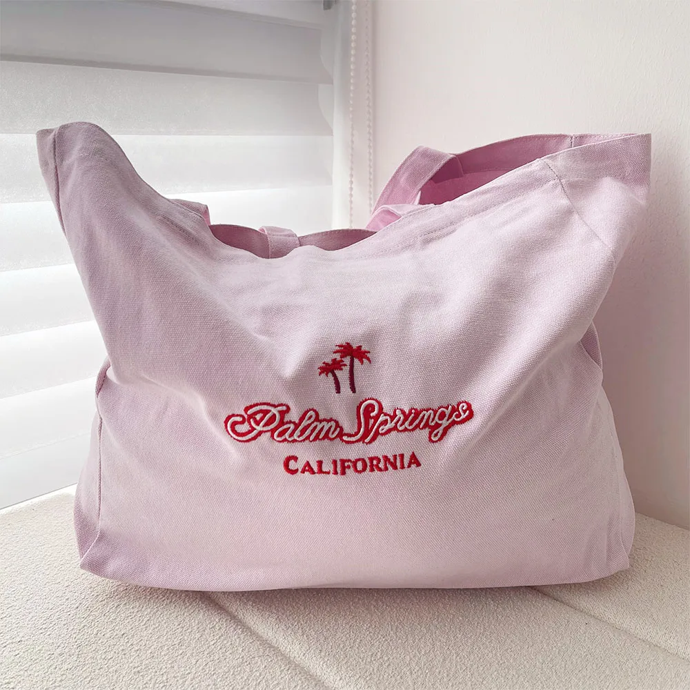 Palm Springs California Female Embroidered Vintage Style Shoulder Bags 80s 90s Street Fashion Reusable Canvas Pink Shopping Bags