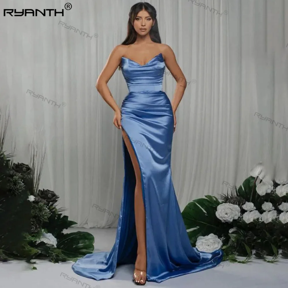 

Ryanth Blue Sexy Mermaid Bridesmaid Dresses Sweetheart High Slit Shiny Satin Long Wedding Party Gown Formal Prom Dress