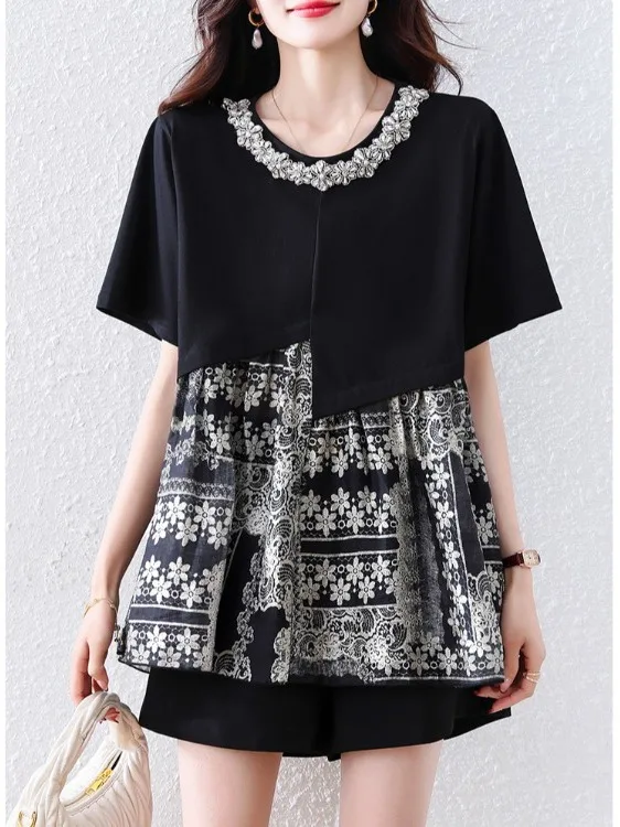 

Летняя тонкая прохладная дышащая футболка с принтом и вставками, больших размеров, женская, с коротким рукавом, круглым вырезом, утягивающая, в стиле «кукла», повседневная, комфорная