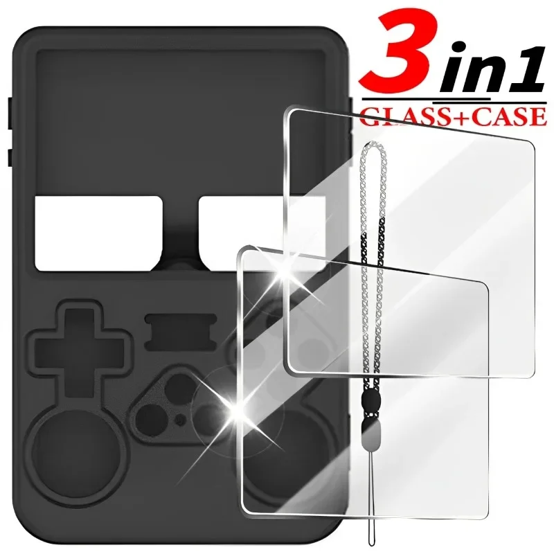 Für R36S Schutzhülle, 3-in-1, weiche Silikonhülle mit Umhängeband, gehärtetes Glas, Displayschutzfolie für R36S Retro Gaming-Gerät