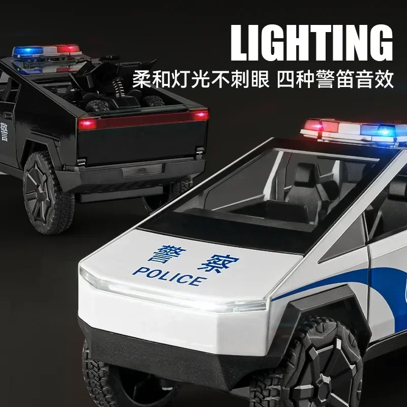 Coche de policía Tesla pickup 1:24, modelo de aleación de Metal fundido a presión de alta simulación, luz de sonido, colección extraíble, regalos de juguetes para niños
