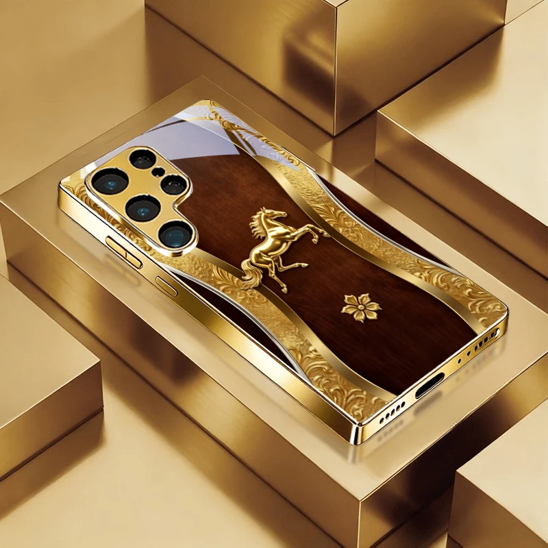 Galloping Steed Art Electroplated Golden Phone Case For Samsung Galaxy S25 S24 S26 S23 S22 S21 S20 Ultra Plus FE S26 Glass Cover