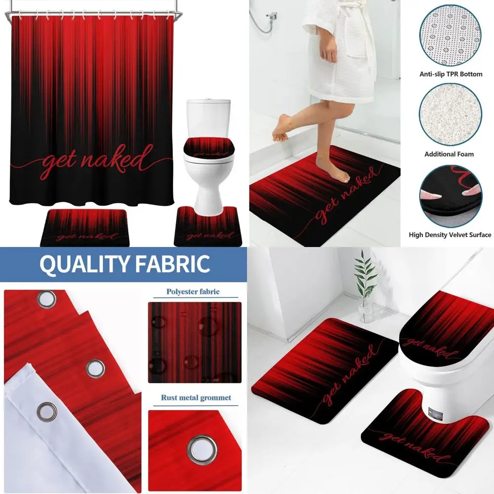 

Red and Black 4-Piece Shower Curtain Set with Funny Gothic Design, Non-Slip Rugs, Toilet Cover, and Bath Mat for Adults' Bathroo