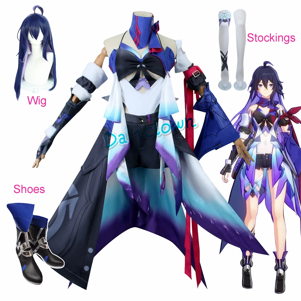 Costume de Cosplay du Jeu Honkai Impact 3rd Vollerei, Perruque, Chaussures, Robe Violette Trempée, Tenue de ixd'Halloween