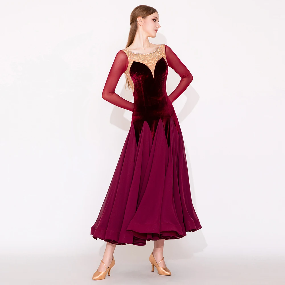 Vestido de baile nobre valsa, novo vestido de competição com strass para mulheres, saia de veludo, manga longa padrão, dança de salão