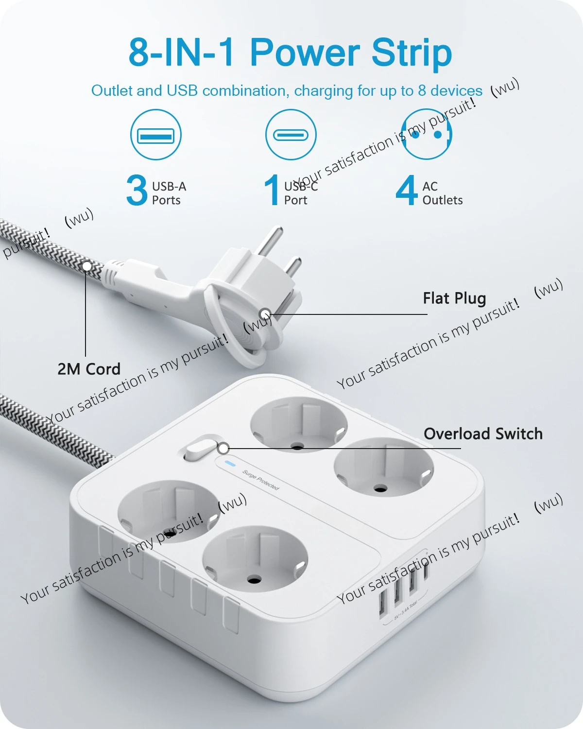 European standard plug power socket, with 4 AC sockets + 3 USB ports + 1 Type C port + 2m/3m braided cable