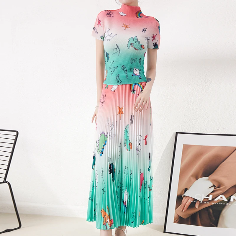 Heißes verkaufendes, hochwertiges Miyake-Falten-Set, elastisches Stretch-Oberteil und breiter Faltenrock, 2-teiliges Set