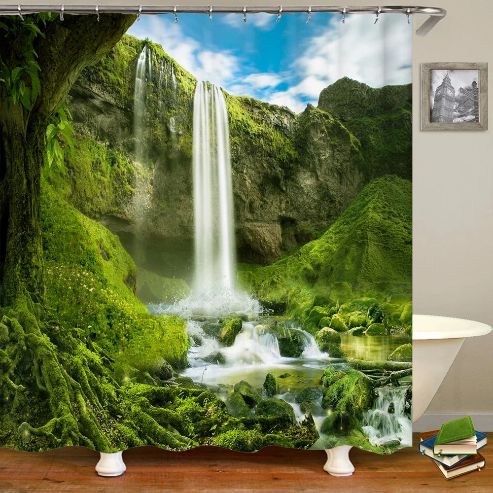 Lush Green Landscape Shower Curtain with Hooks  Relaxing Nature Vibe for All Bathroom Types, Quick to Hang