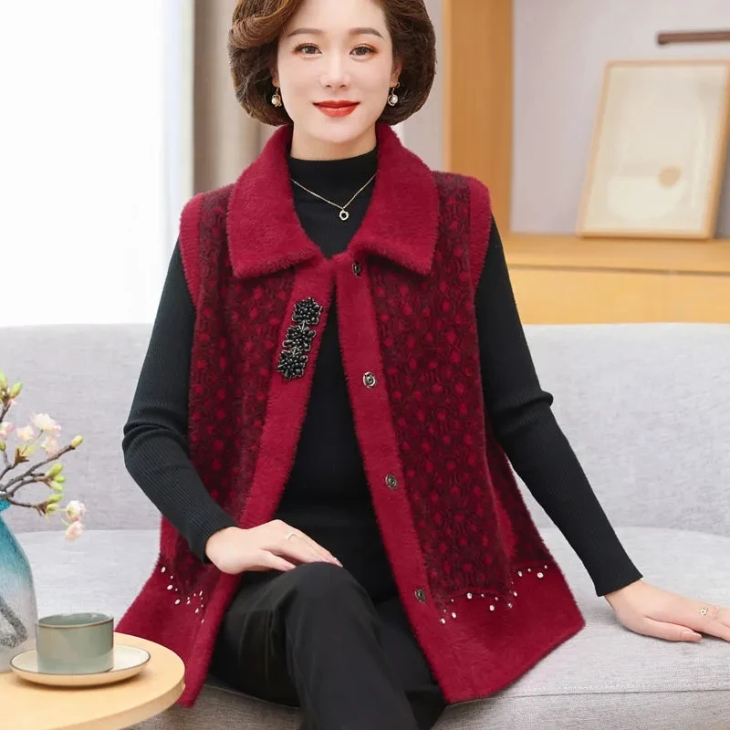 Autumn and Winter New Middle-aged and Elderly Women\'s Mink Velvet Padded Knitted Vest Turndown Collar Waistcoat Cardigan Coat