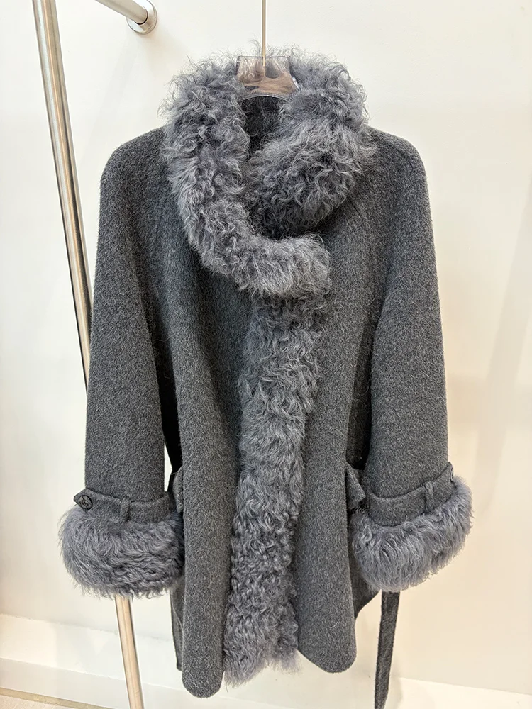 Winter Women Real Natural Sheep Lamb Fur Collar Coat Cashmere Wool Woolen Jacket Ladies Casual Outwear Female Belt Coat