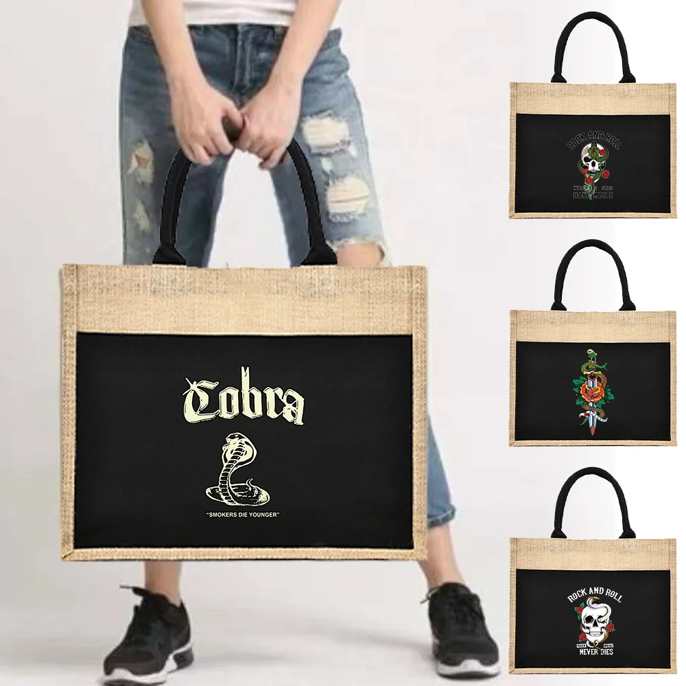 Handbag Portable Linen Bag Cobra Print Retro Coarse Linen Jute Bag Reusable for Gift Bags Daily Sundries Storage Shopping Bags