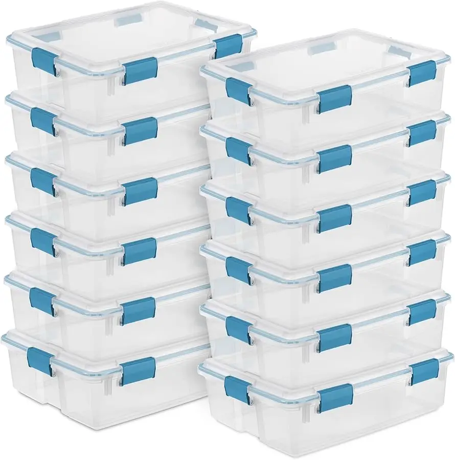 

12-Pack Gasket Box, Weather-Resistant Storage Bins with Latching Lids, 37 Quart - Heavy-Duty Organizing Containers for Closet, B