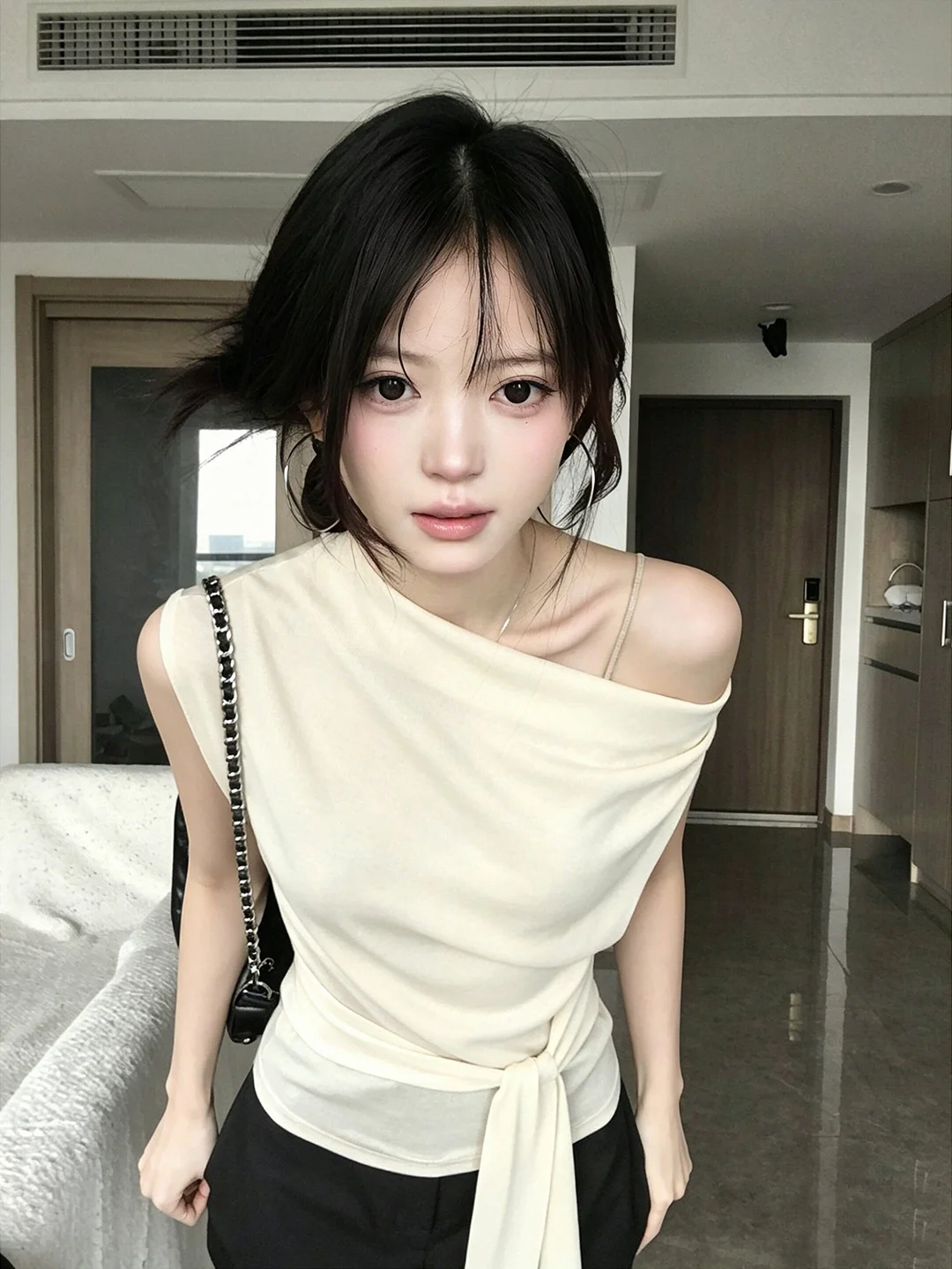 Ice Silk Knitted Short Sleeve T-Shirt Korean Style Waist Cinched Shoulder Bared Belted Summer Fashionable Casual Top for Women