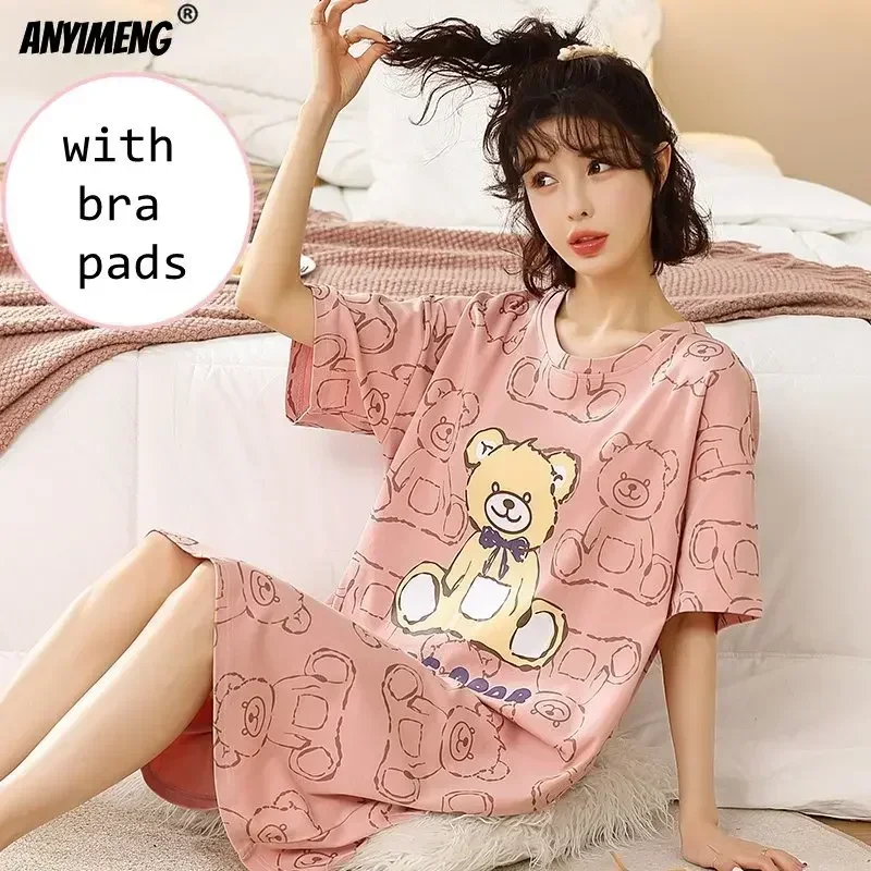 Summer Cotton M-5XL Women Sleepshirt with Bra Pads Leisure Nightgowns Lady\'s Nightdresses Cartoon Pajama Dressings Long Shirt