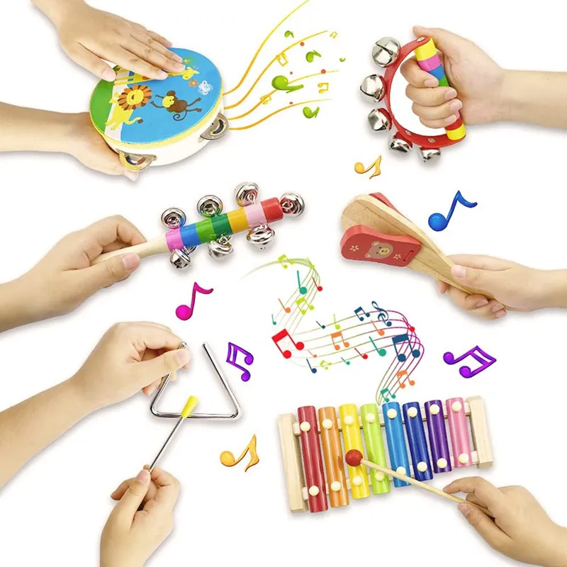 Giocattoli per strumenti musicali in legno per bambini giocattoli educativi per l'apprendimento precoce Montessori Baby sonaglio campana tamburo xilofono giocattolo regalo per bambini