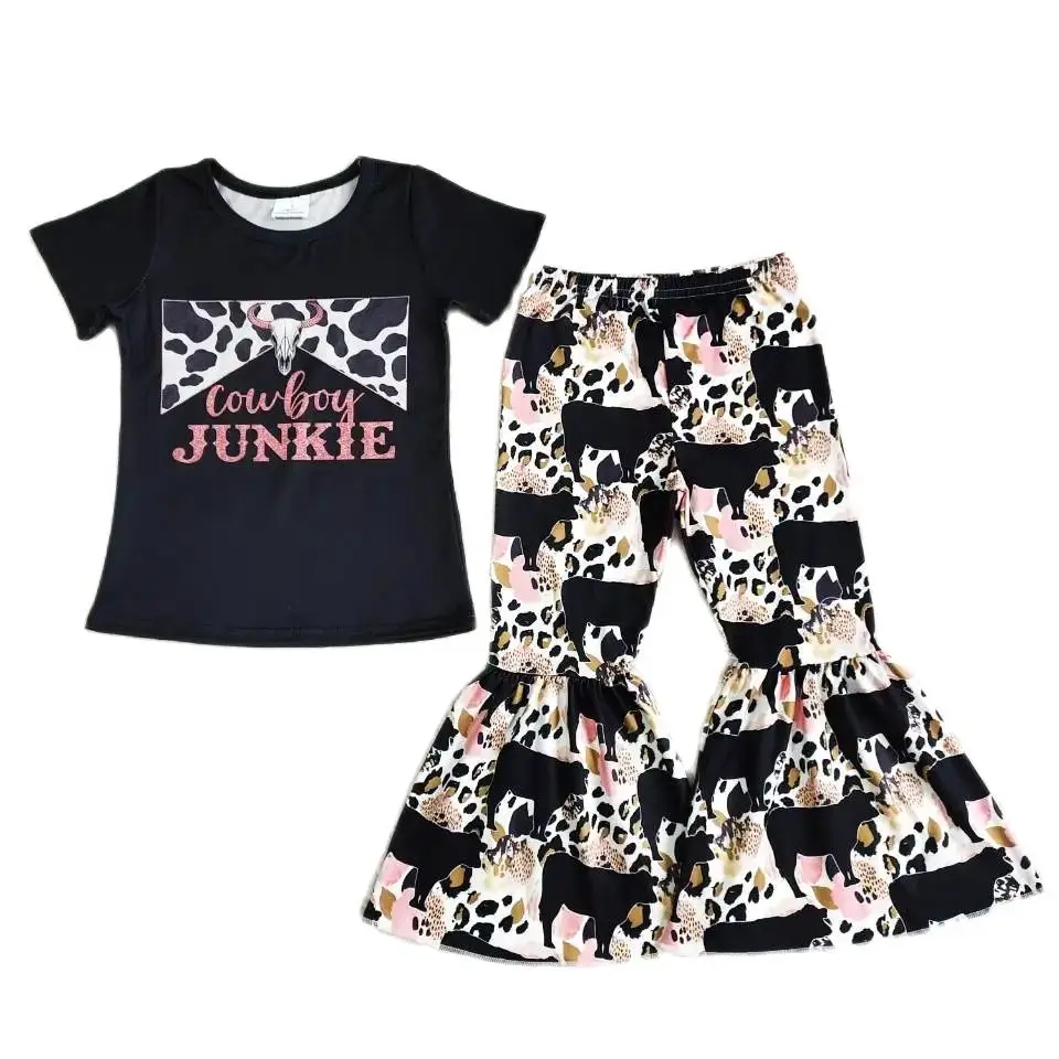 

2022 RTS Hot Products Black Junkie Sleeve Short Shirt Cow Pattern Print Pants Kids Baby Clothing Child Girls' Outfits Wearing