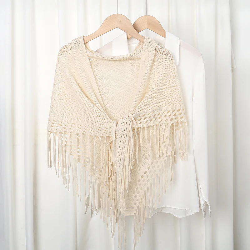 Fashion Knitted Tassels Hollow Triangle Scarf Solid Color Soft Cotton Wraps Air-conditioned Room Capa Simple Elegant Scarf Shawl