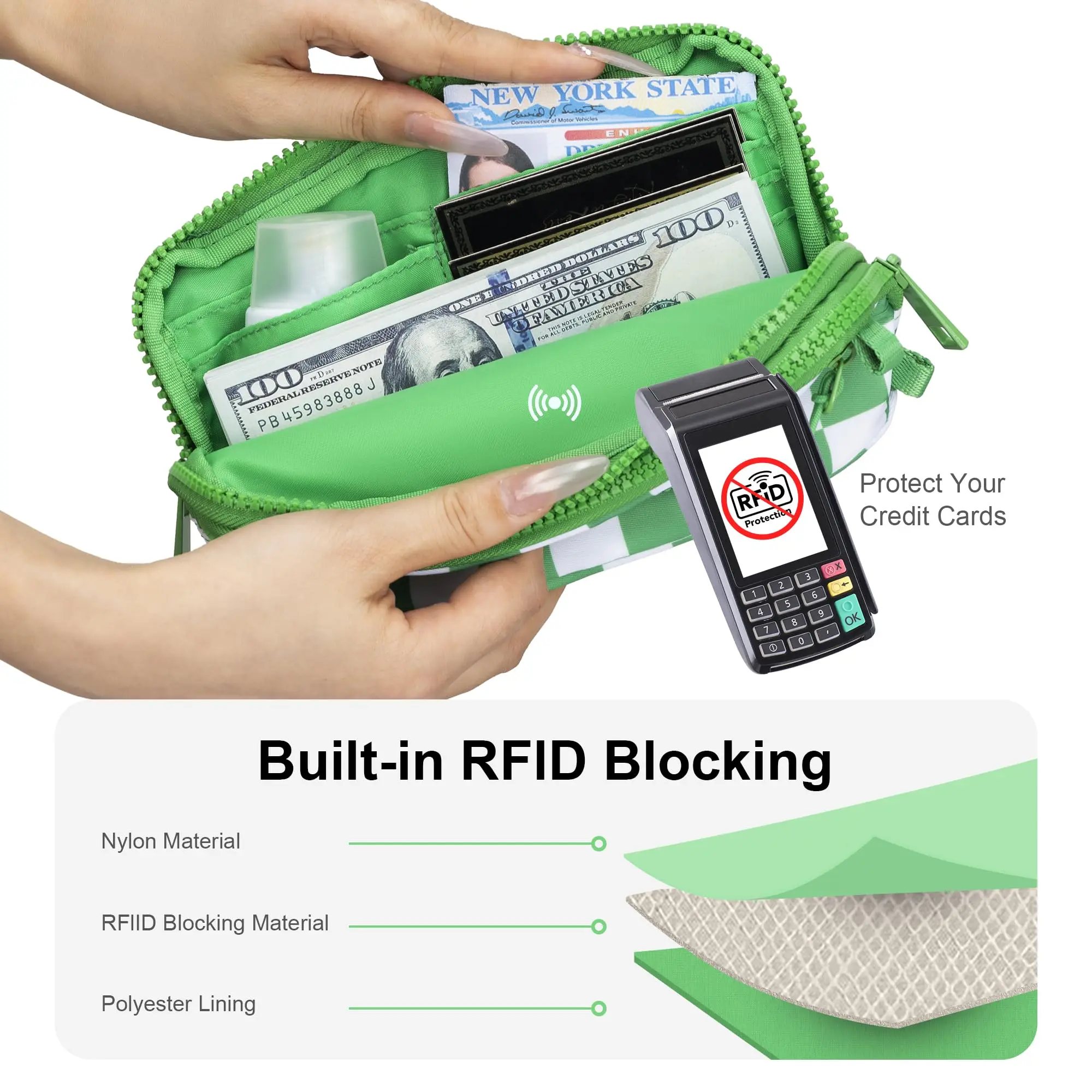 Checkered quilted nylon with credit card slots, cell phone organizer, and coin purse for travel and everyday carry