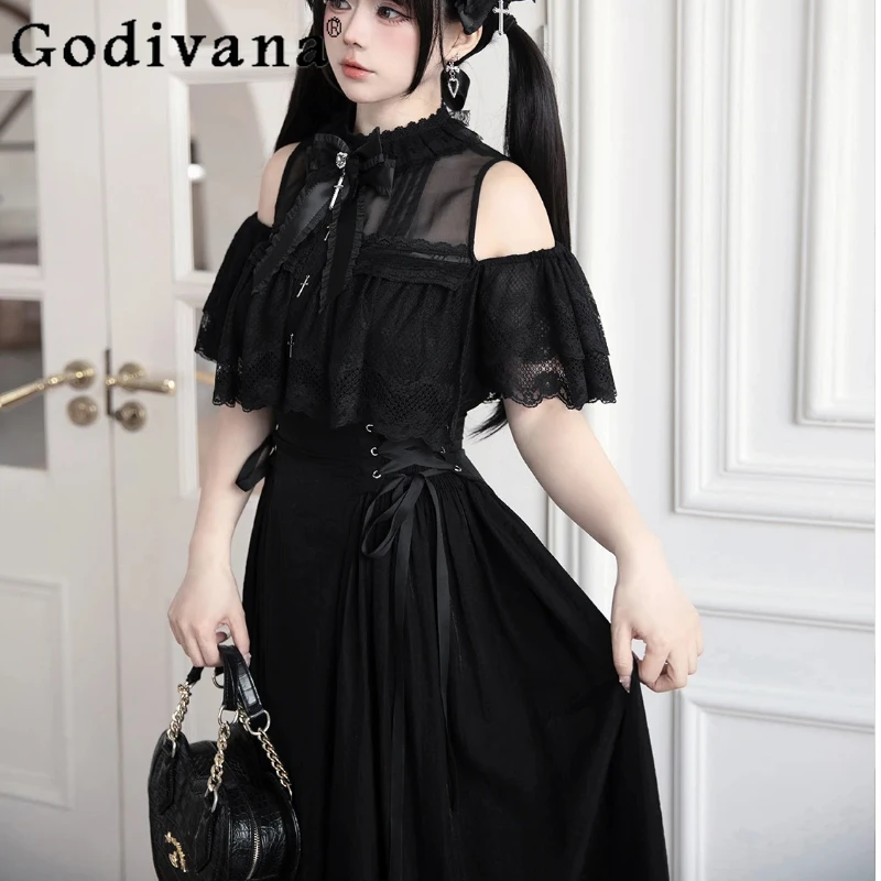 

Japanese Mass-Produced Mine Black Long Dress Summer Sweet Lace Off-Shoulder Slim Fit Dress Subculture Sweet Cool Lolita Dress