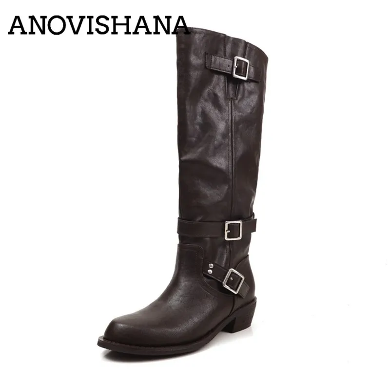 ANOVISHANA Genuine Leather Wide Leg  Fur Knee High Botas Winter for Women Round Toe 4.5cm Square Heel Slip On Black Brown