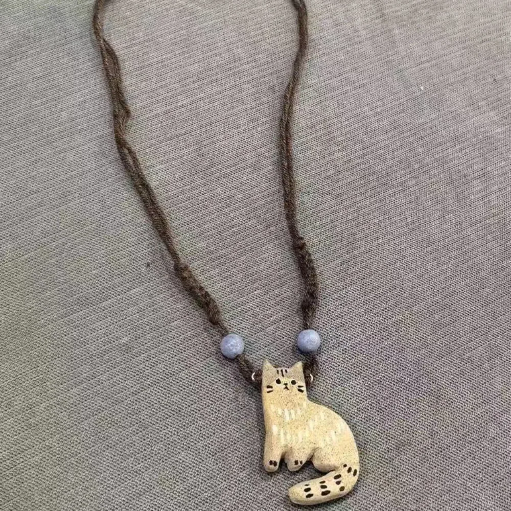 Korean Style Retro Cat Necklace Charms Jewelry Accessories Beaded Necklace Minority Design Small Ornament Clavicle Chain Girl