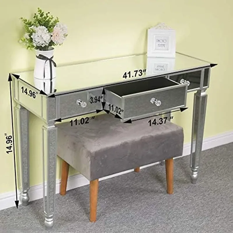 Silver Mirrored Console Table with 3 Drawers MDF Frame and Glass Surface Mirrored Entryway Table for Entrance Hallway Crystal
