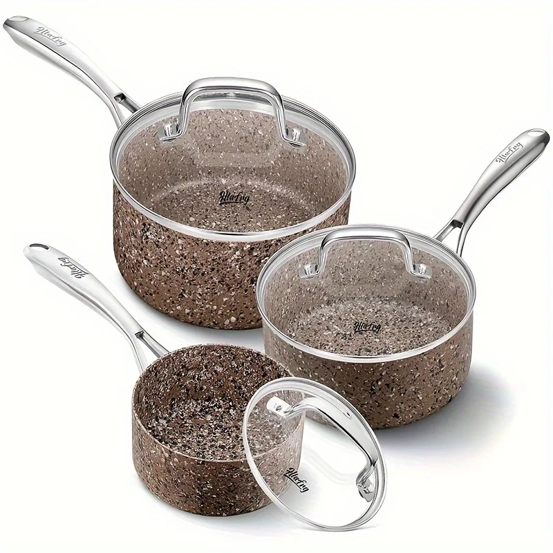 HLAFRG Nonstick Premium 3-Piece Saucepan Set with Glass Lids, Natural Durable Granite Coating, Oven Safe, 1&2&3QT, Brown