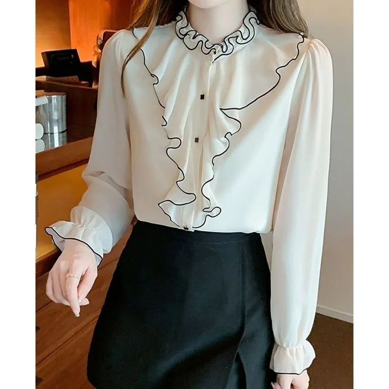 Blusa lisa con volantes para mujer, camisa informal de gasa de manga larga que combina con todo, cuello con volantes, moda elegante, otoño