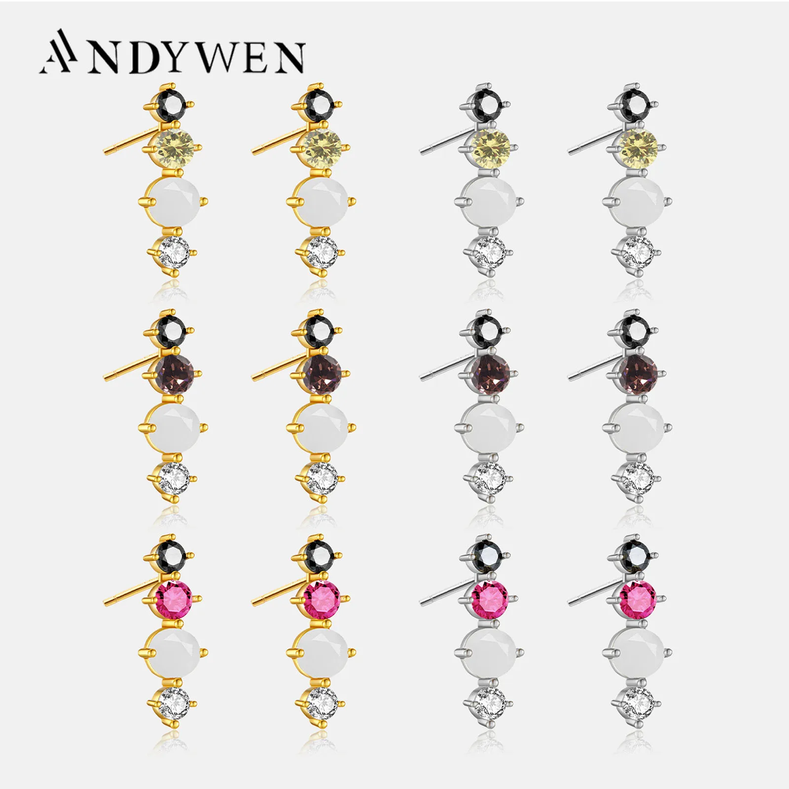 ANDYWEN 100%  925 Sterling Silver Round Stud Earring Lemon Rhodolite Milk Zircon CZ Color Line Women Piercing Ohrringe Pendiente