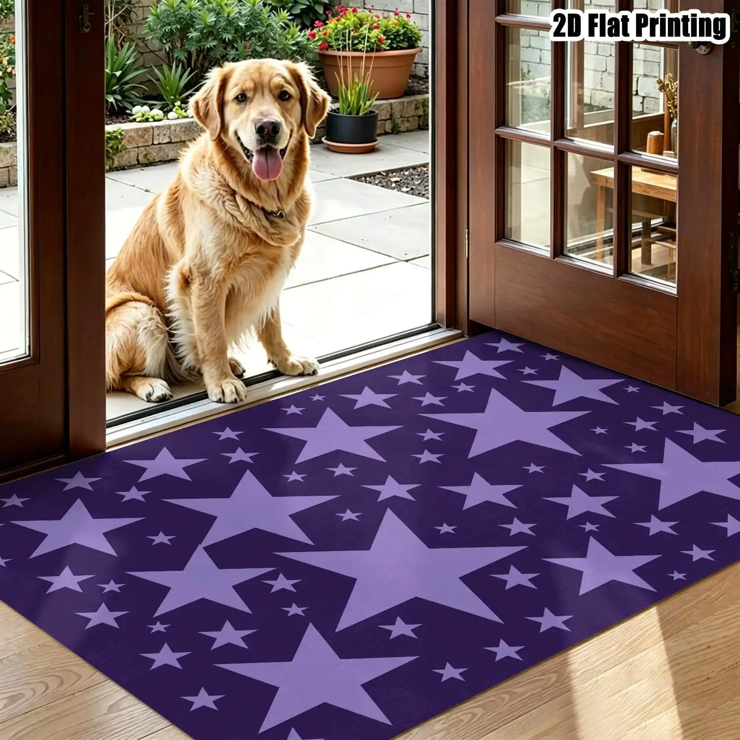 1Pc 2D Printed Purple Star Pattern Nordic/Bohemian Geometric Striped Carpet, Instagram-Inspired Floor Mat, Multi-Size, Machine Washable, for Entrance, Living Room, Bedroom, Dining Room, Study Home Decoration