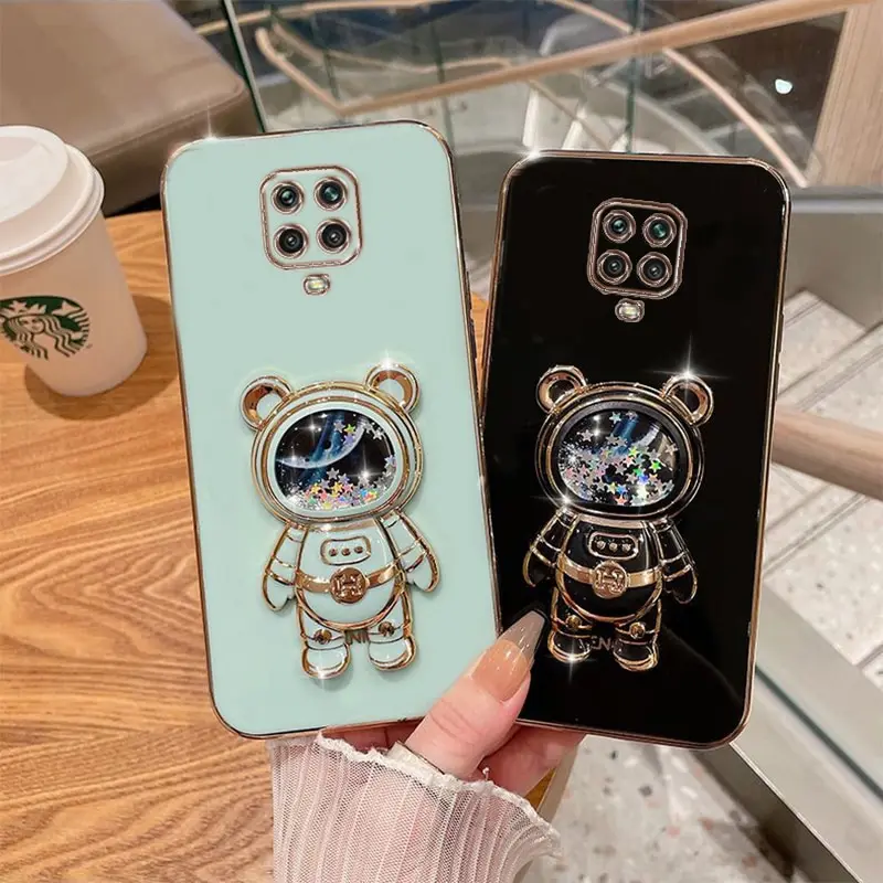 Phone Case for Xiaomi Redmi Note 9S Redmi Note 9 Pro Redmi Note 9 Pro Max Luxury Plating Quicksand Cartoon Bear Fold Stand Cover