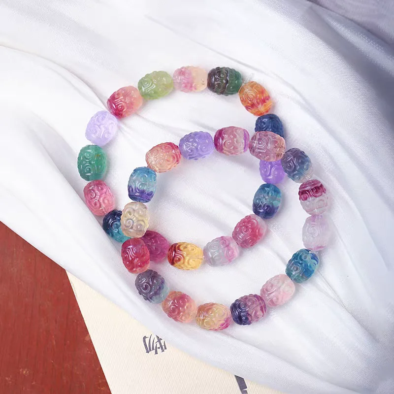 

Natural Colorful Fluorite Quartz Carved Bracelet 13x10mm Clear Barrel Beads Women Men Rainbow Fluorite Jewelry Love AAAAA