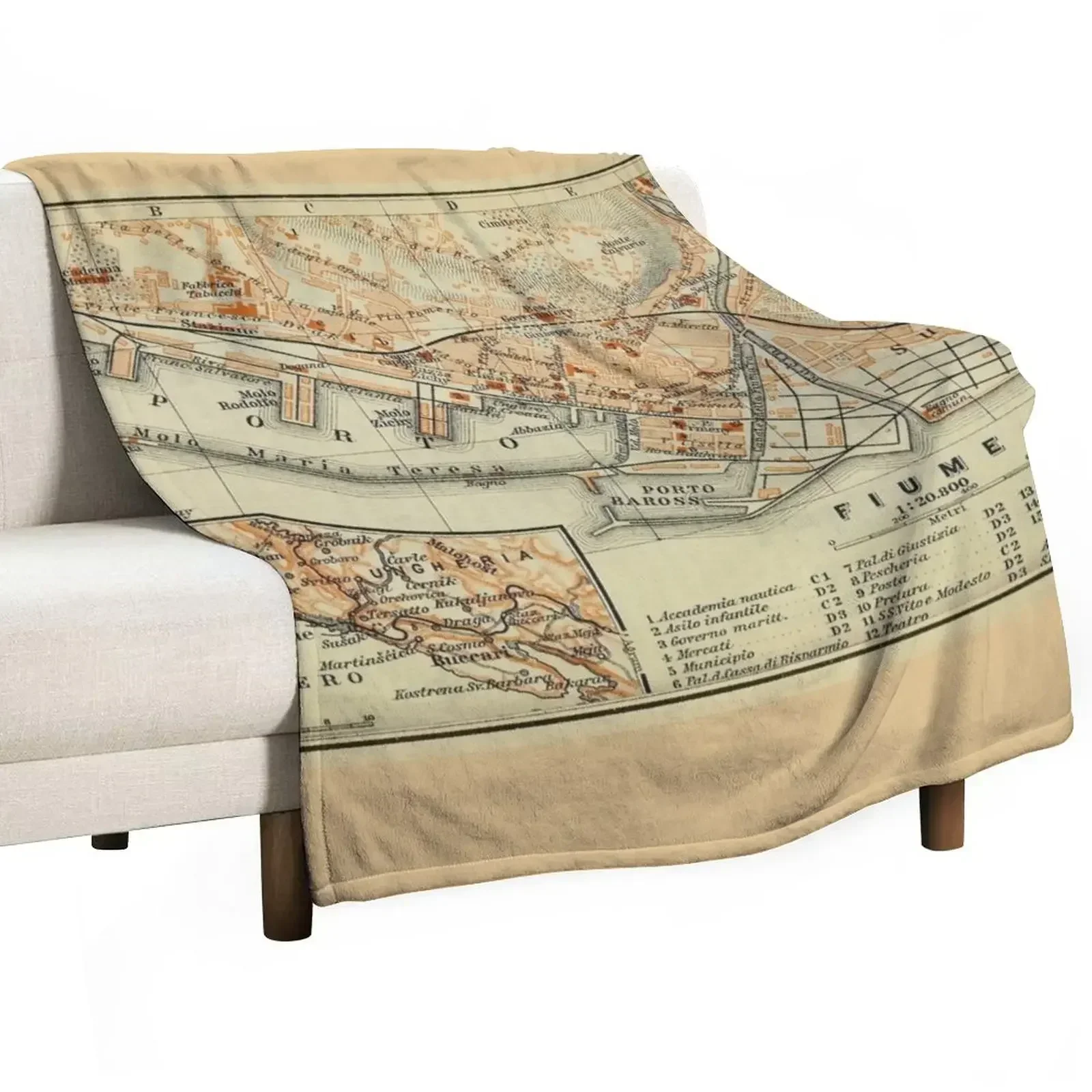 

New Vintage Rijeka Croatia Map (1911) Throw Blanket Fashion Sofas Custom Sofa warm for winter Blankets