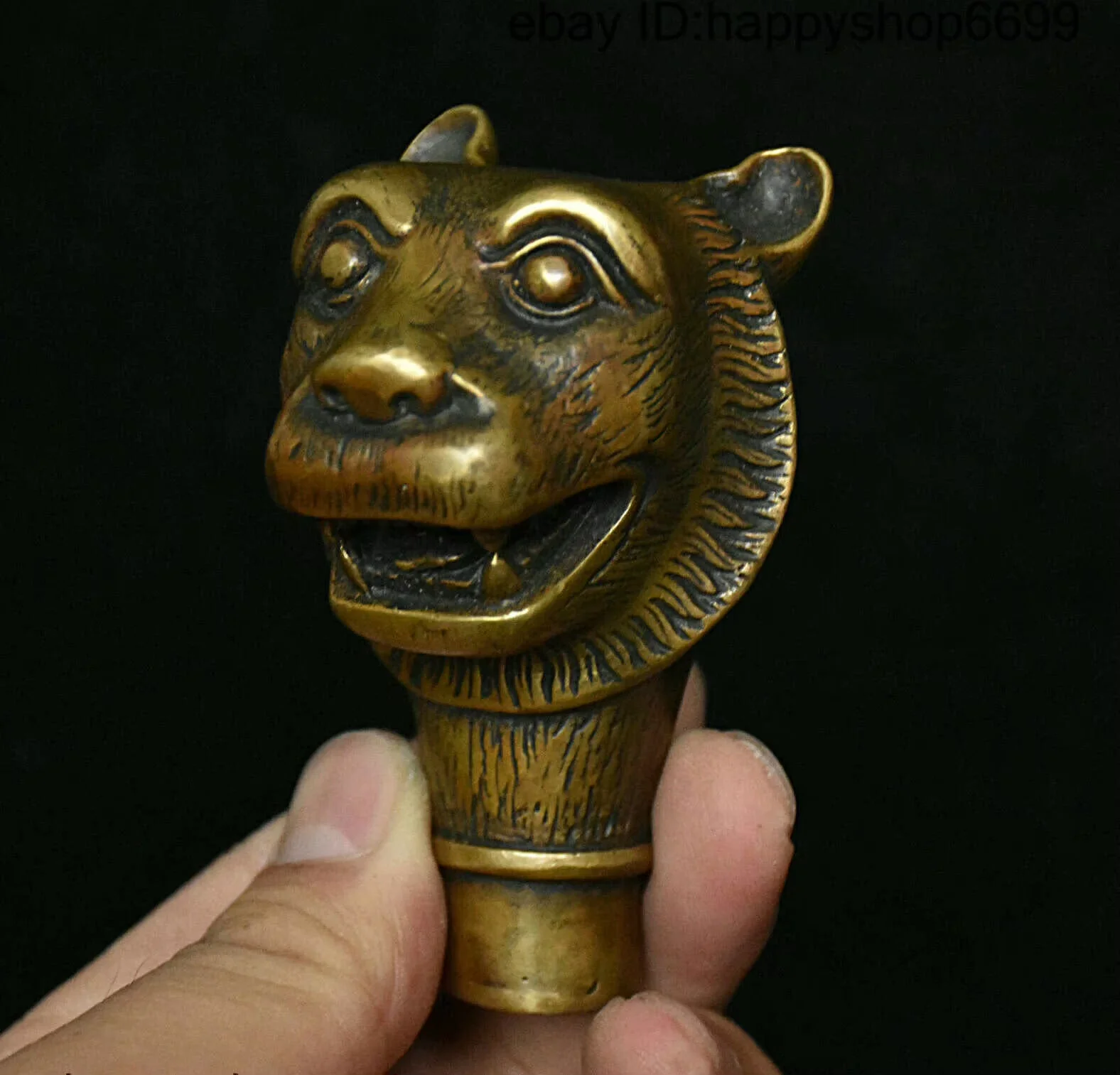 Old Chinese Bronze Fengshui 12 Zodiac Year Tiger Beast Head Crutch Handle Statue Desk Decoration Figurines Statues et Sculptures