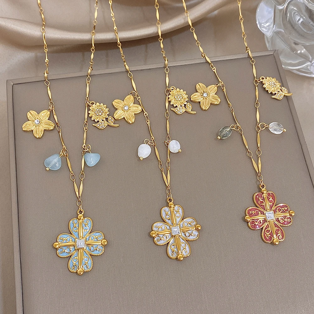 Freetry Vintage Colored Enamel Flower Pendant Stainless Steel Necklace for Women Luxury Golden Waterproof Necklace Lady Jewelry