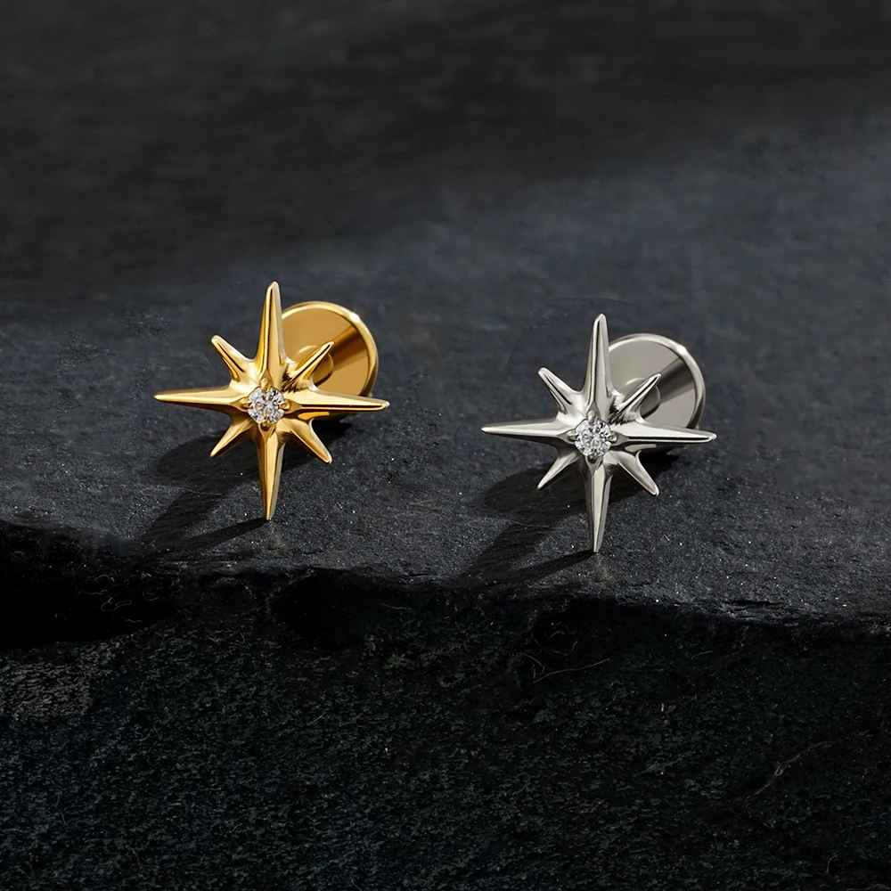 Right Grand ASTM F136 Titanium CZ North Star Flat Back Earring 16G Tiny Starburst Helix Cartilage Stud Dainty Earlobe Mesusa Labret Lip Stud Piercing Jewelry