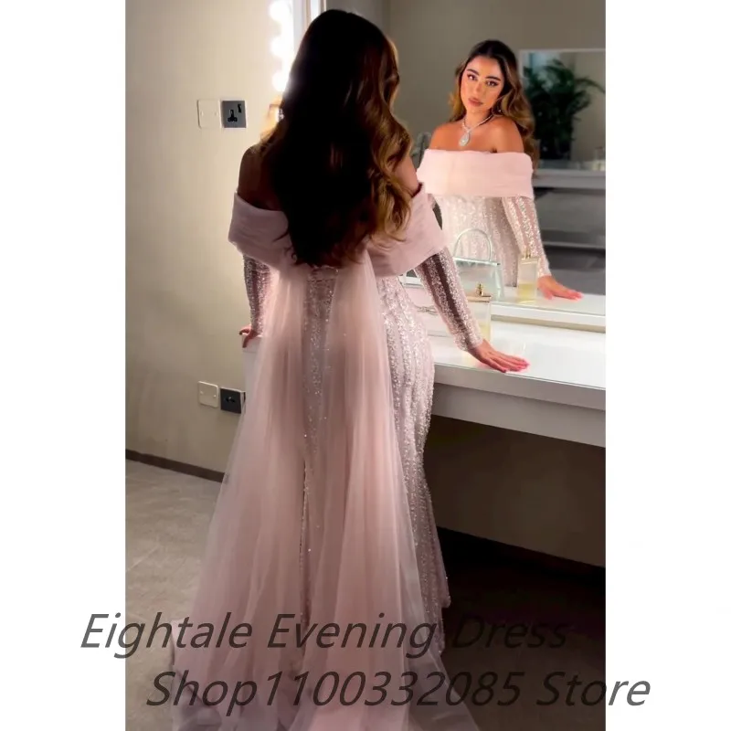 Pink Customized Mermaid Shinning Off Shoulder Evening Dresses Wedding Party Long Sequined Formal Prom Dress Dubai Party Gown