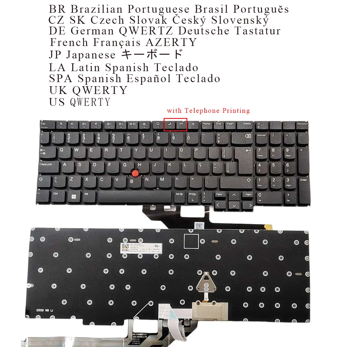 New Brazil Czech French German Japanese Latin Spanish UK US Keyboard for LENOVO Thinkpad E16 Gen1 BACKLIT , F10 with Telephone-P