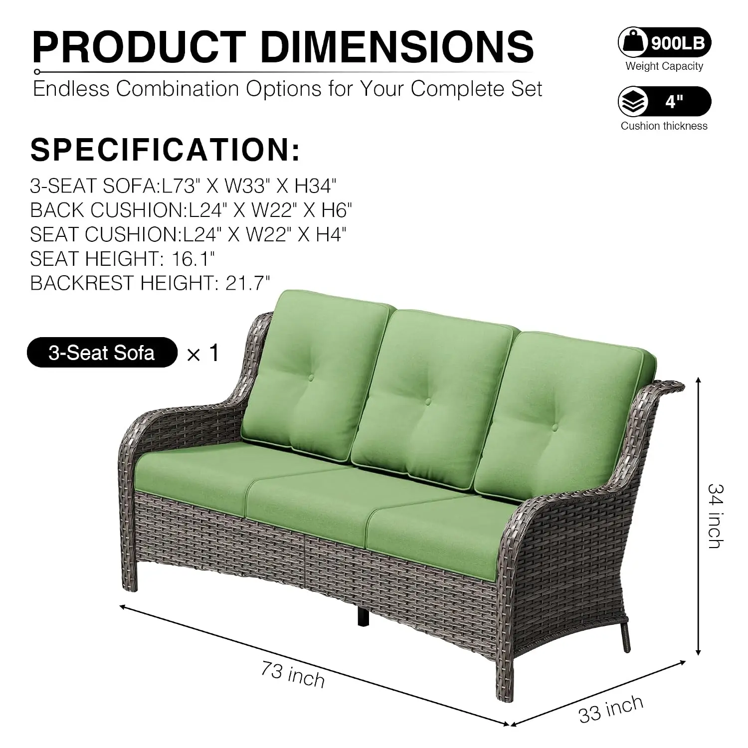 Outdoor Wicker Sofa 3-Seater High Back Deep Seat Wide Armrest Thick Cushion Patio Deck Porch Use, Customized